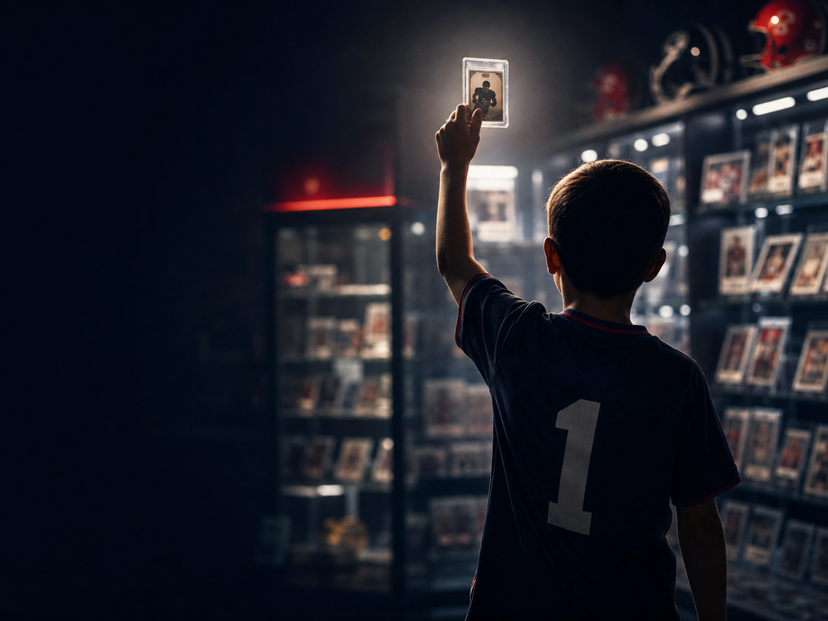 Young collector holding a sports card